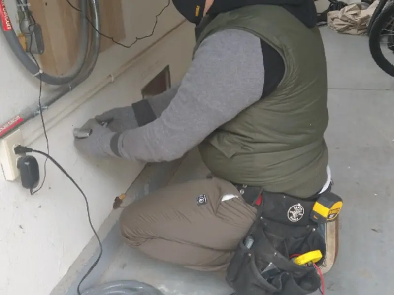 Electrician performing outlet wiring in a Inverness garage